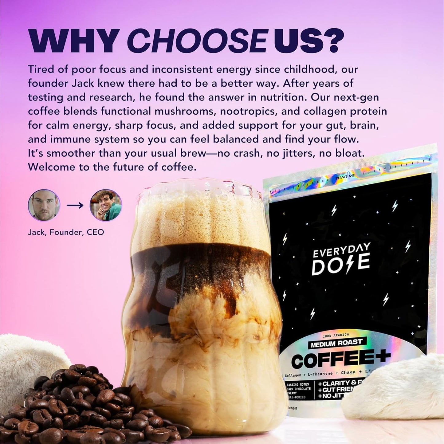 Everyday Dose Bold Medium Roast Mushroom Coffee 90Mg Caffeine per Serving with Grass-Fed Collagen, Chaga, Lions Mane & L-Theanine for Better Focus, Energy, Digestion, Skin, and Immunity 30 Servings