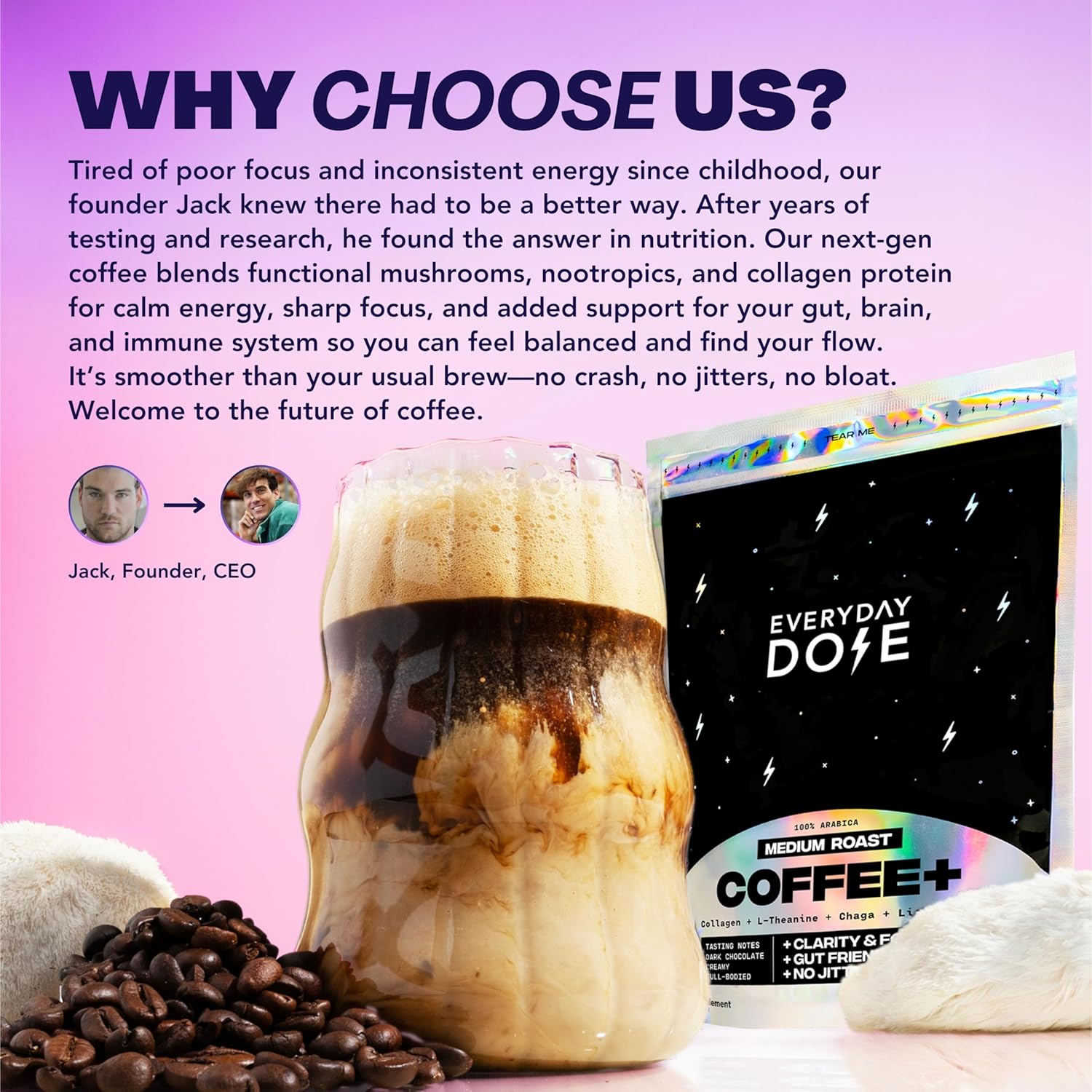 Everyday Dose Bold Medium Roast Mushroom Coffee 90Mg Caffeine per Serving with Grass-Fed Collagen, Chaga, Lions Mane & L-Theanine for Better Focus, Energy, Digestion, Skin, and Immunity 30 Servings