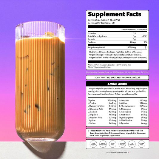 Everyday Dose Bold Medium Roast Mushroom Coffee 90Mg Caffeine per Serving with Grass-Fed Collagen, Chaga, Lions Mane & L-Theanine for Better Focus, Energy, Digestion, Skin, and Immunity 30 Servings