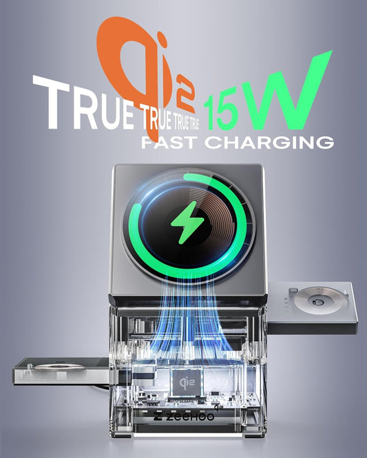 3 in 1 Charging Station for Apple, Iphone Mag-Safe Charger, Qi2 Certified, Rotating Wireless Charger Stand for Iphone 16,15,14,13,12 Series, Apple Watch, Airpods (USB-C Charger Included)