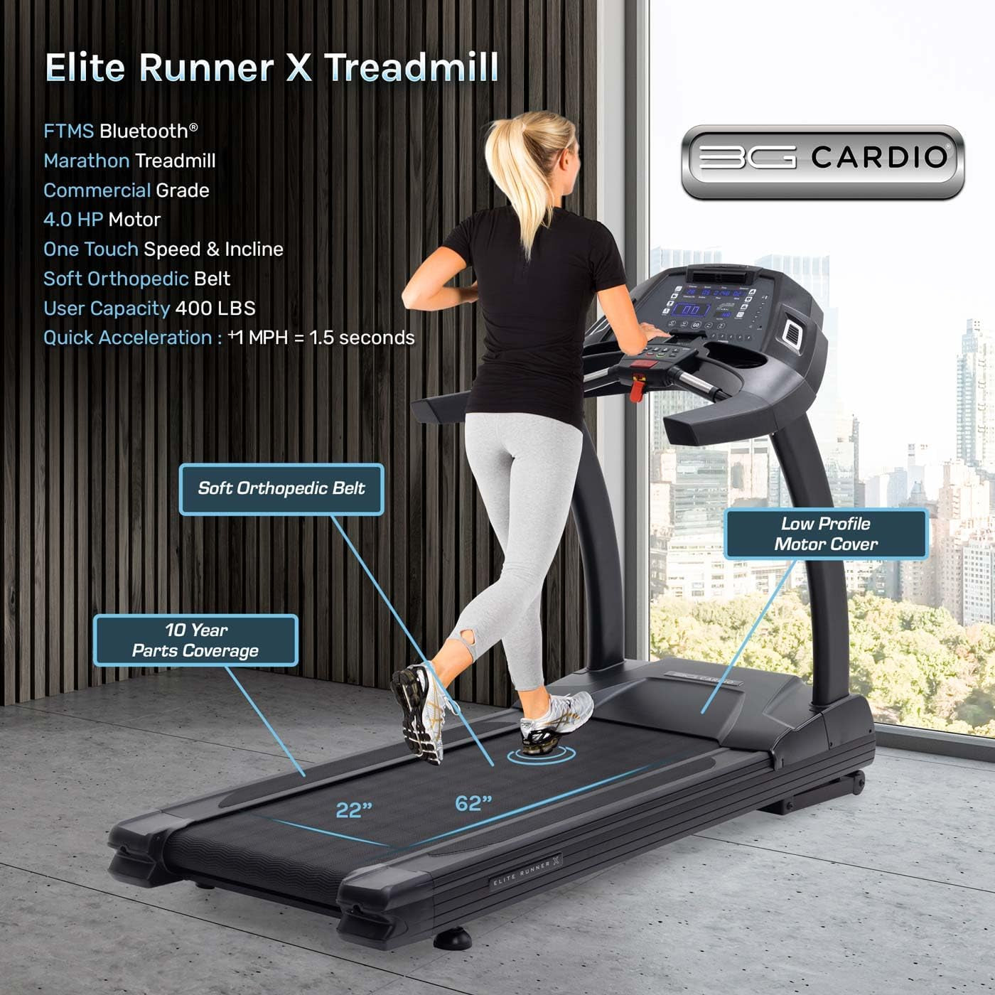 Elite Runner X Treadmill - Commercial Grade - Freesync FTMS Bluetooth Connectivity - 4.0 HP - Large Ortho Flex Shock Suspension System Deck - Marathon Training - 400 Lb Capacity