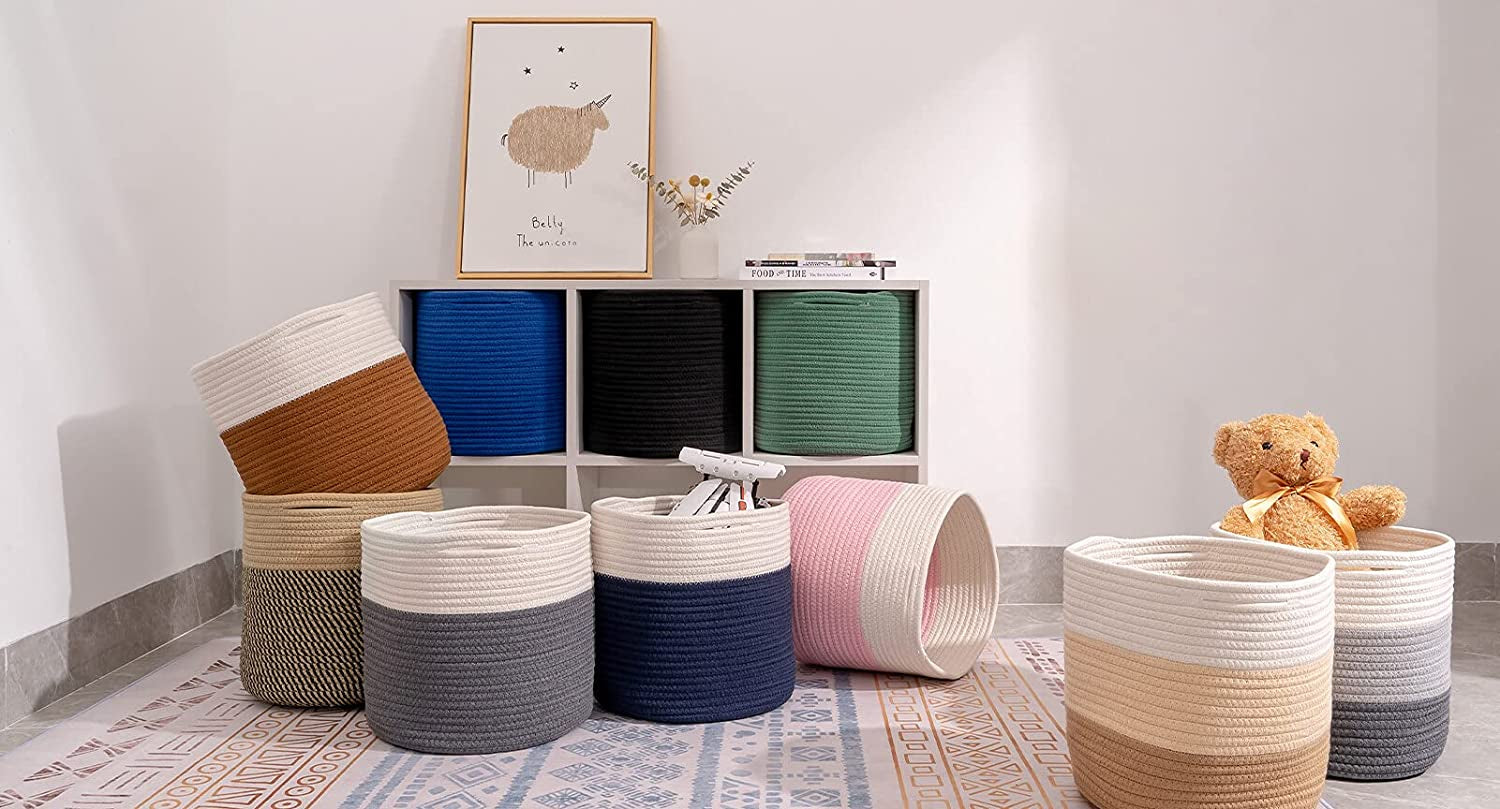 Woven Cotton Rope round 11X11X11'' Storage Cubes Baskets Bins Organizer, 3-Tone Gray, 3-Pack
