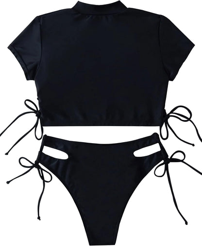 Drawstring Bikini Set Srting Swimsuit Short Sleeve Top and Tie Side Bottom 2 Piece
