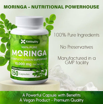 Moringa Oleifera Organic Leaf Extract 10,000Mg Serving 100% Pure Capsules 60 CT