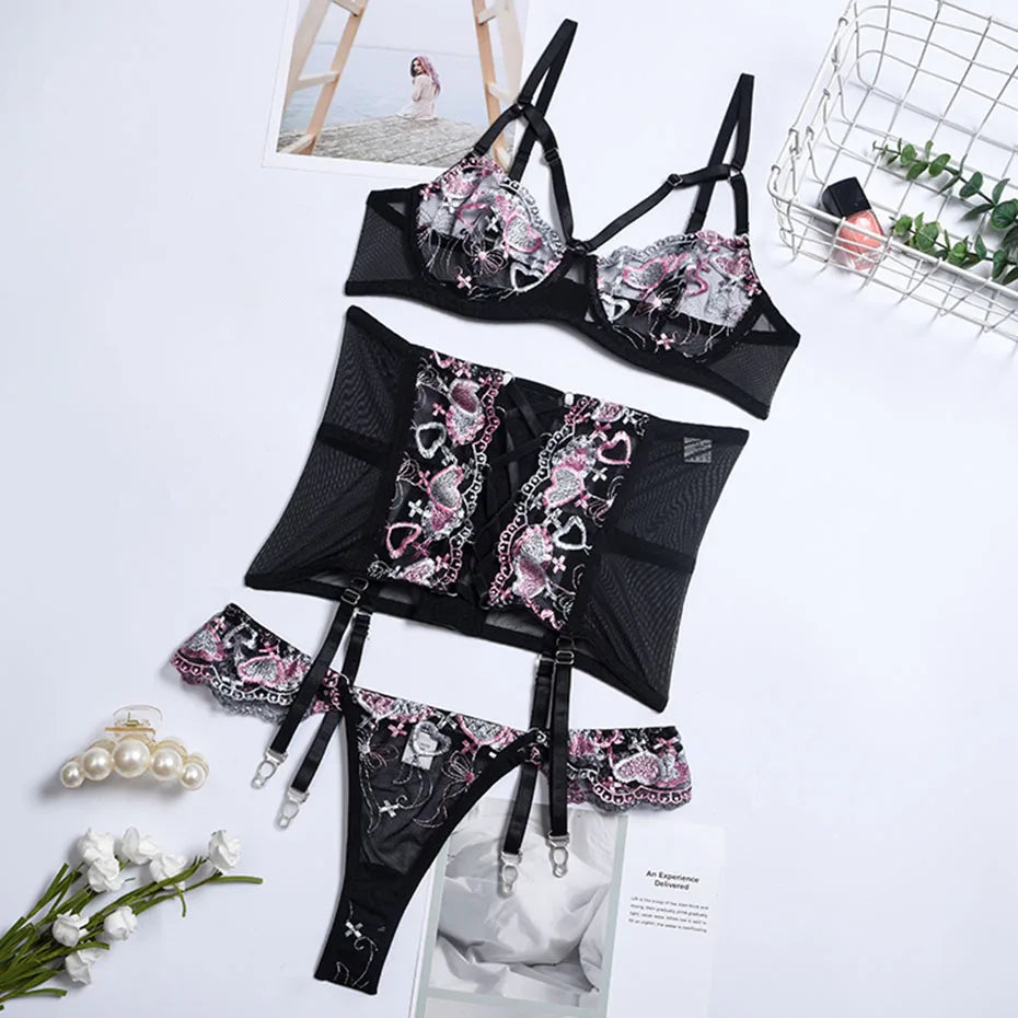 Sexy Bra and Panties Set Lingerie Embroidery Erotic Bra and G String Thong Brief Sets Intimates Costumes Sex Women'S Underwear