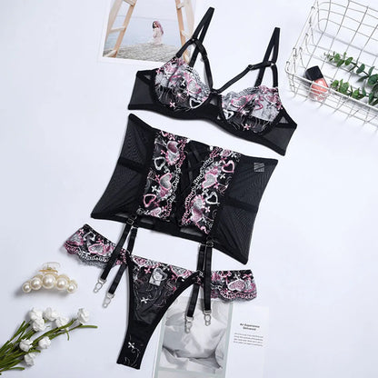 Sexy Bra and Panties Set Lingerie Embroidery Erotic Bra and G String Thong Brief Sets Intimates Costumes Sex Women'S Underwear