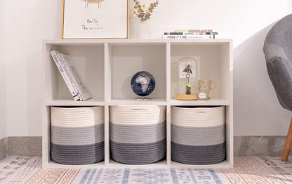 Woven Cotton Rope round 11X11X11'' Storage Cubes Baskets Bins Organizer, 3-Tone Gray, 3-Pack