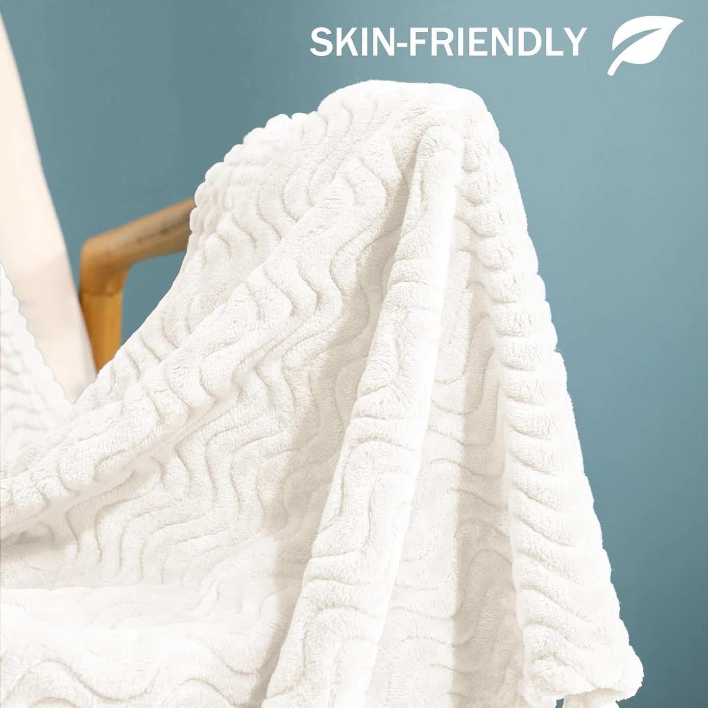 Soft Fleece Throw Blanket for Couch, Cozy Lightweight Blankets with Decorative Wave Textured Suitable for All Season Use, Ivory, 50X70 Inches
