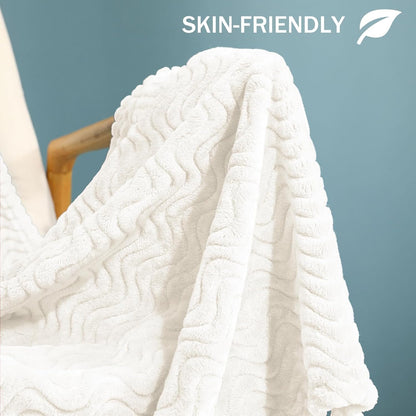Soft Fleece Throw Blanket for Couch, Cozy Lightweight Blankets with Decorative Wave Textured Suitable for All Season Use, Ivory, 50X70 Inches