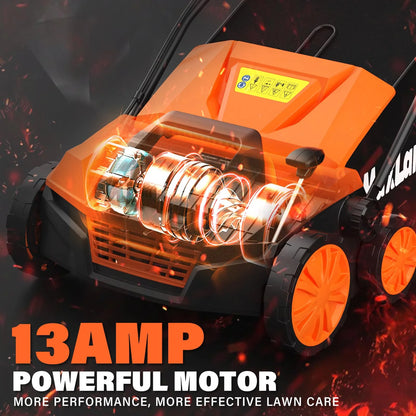 15” 13 Amp Electric Dethatcher and Scarifier, 2-In-1 Lawn Dethatcher with 5-Position Depth Adjustment, 45L Removable Collection Bag, Airboost Technology Increases Lawn Health