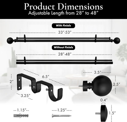 1-Inch Diameter Ball Telescoping Double Window Treatment Curtain Rod, 28-Inch to 48-Inch, Black