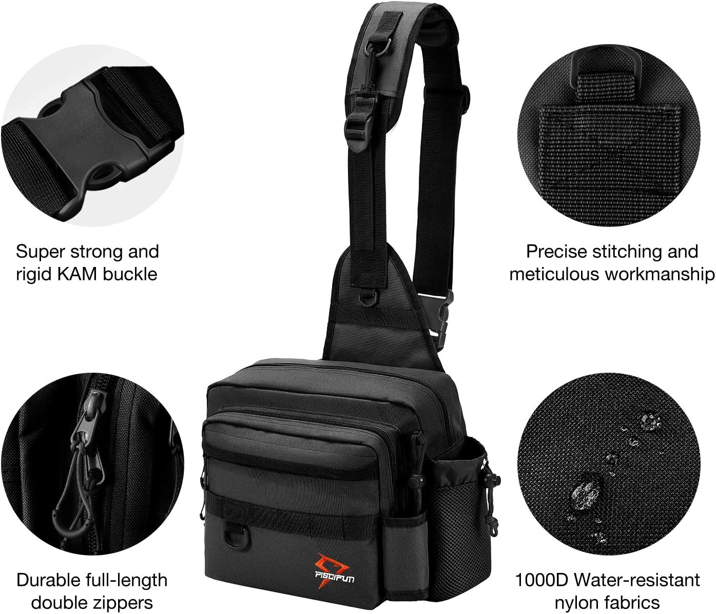 Fishing Tackle Bag with Rod & Gear Holder, Lightweight Sling Tackle Storage Bag, Water-Resistant Cross Body Sling Bag with D-Rings and Waist Strap, Available in Black, Khaki, Camo