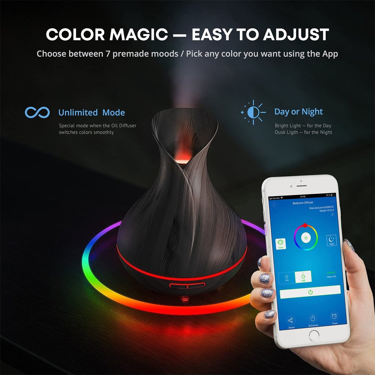 Smart Wifi Wireless Essential Oil Aromatherapy 400Ml Ultrasonic Diffuser & Humidifier with Alexa & Google Home Phone App & Voice Control - LED & Timer Settings Dark Brown