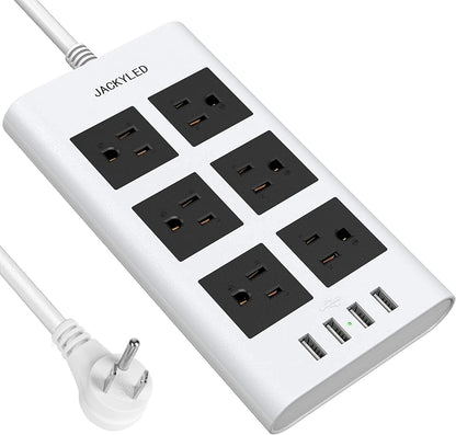 Flat Plug Long Extension Cord 10 Ft,  15A 14 AWG Power Strip Surge Protector with 6 Wide Outlets 4 USB Ports, Fireproof Desktop Charger for Phone Laptop Home Office Dorm Hotel Travel, White