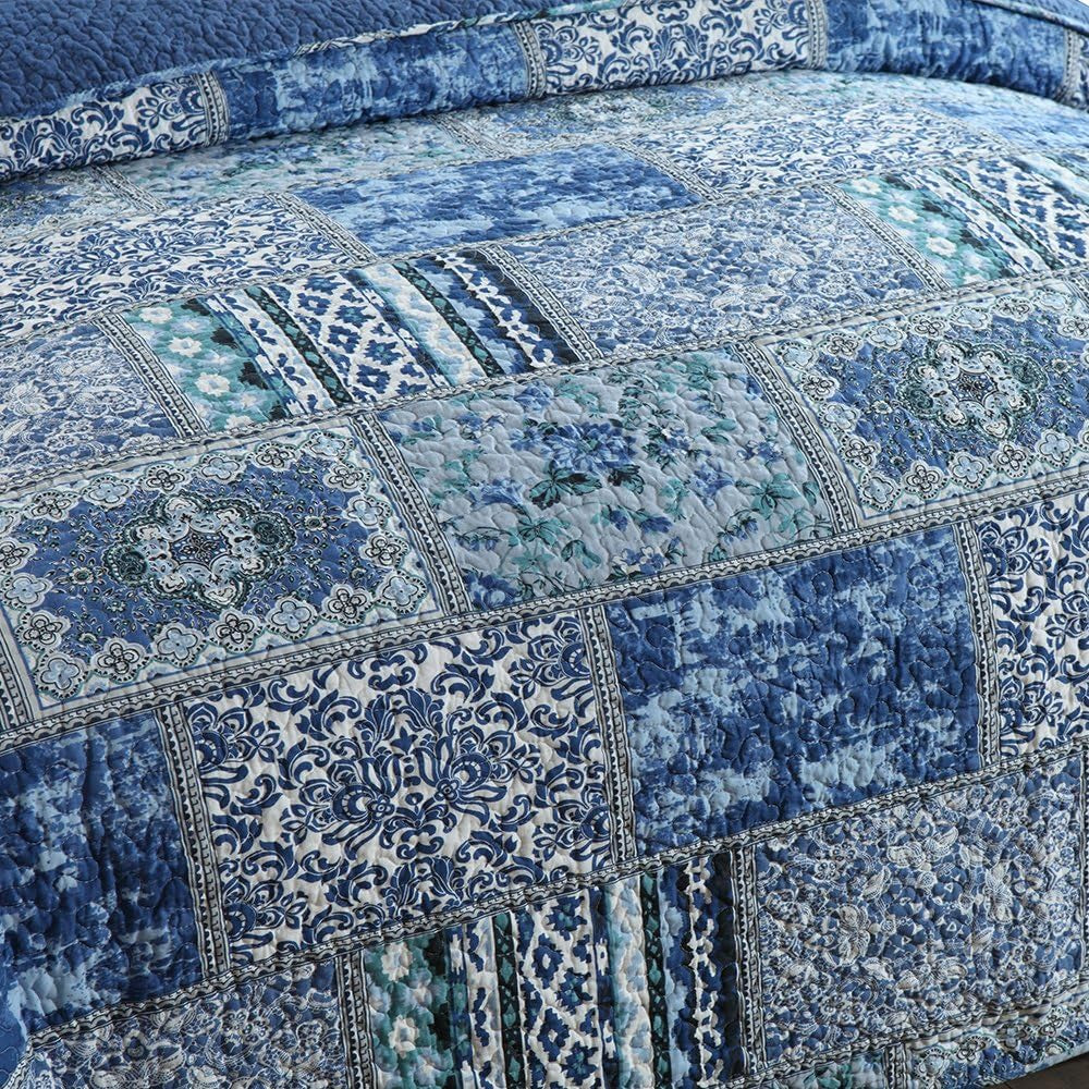 Cotton Bedspread Quilt Sets-Reversible Patchwork Coverlet Set, Blue Classic Bohemian Pattern,Twin Size