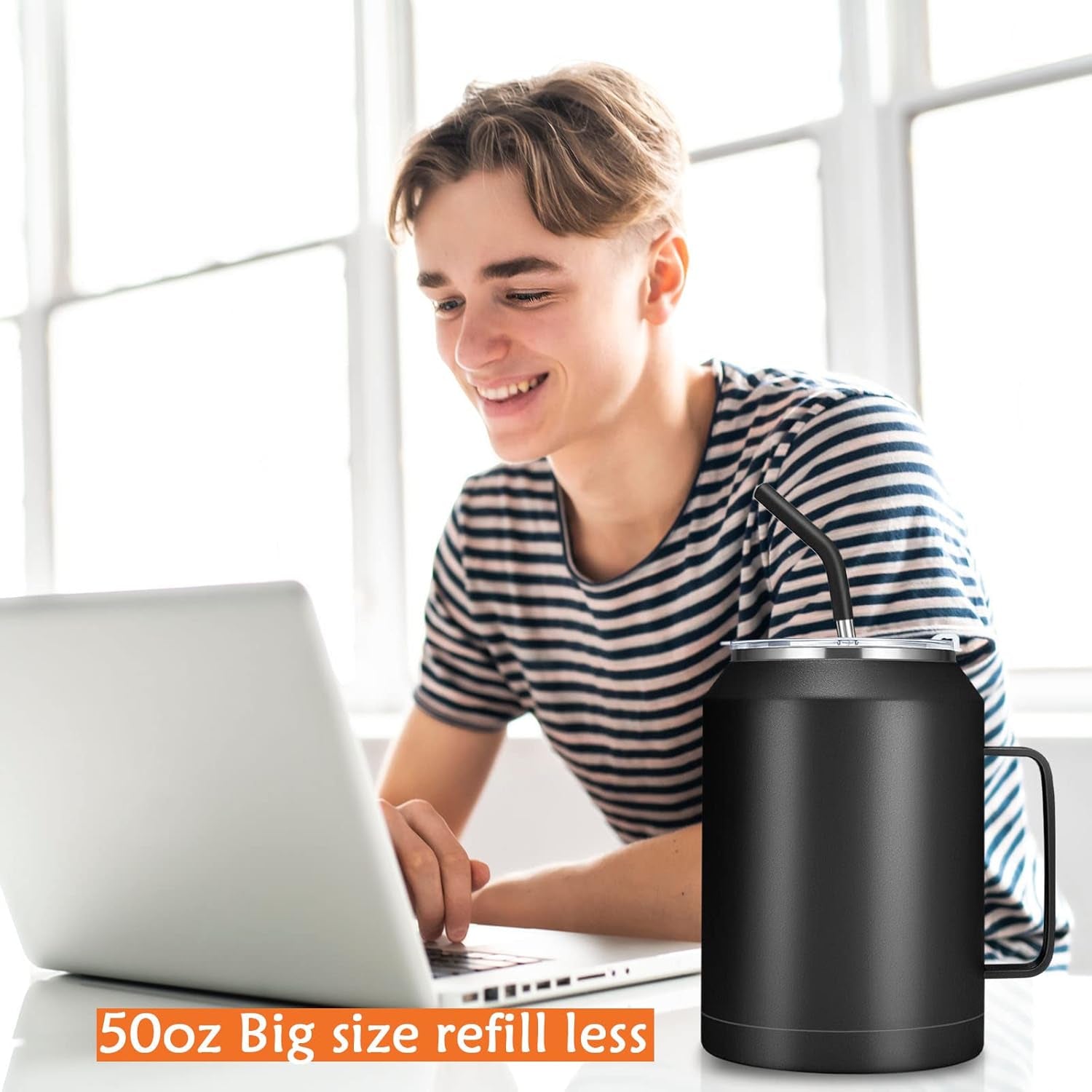 50 Oz Mug Tumbler – Stainless Steel Vacuum Insulated Mug with Handle,Lid and Straw,Keeps Drinks Cold up to 36 Hours – Sweat-Proof Body, Dishwasher Safe