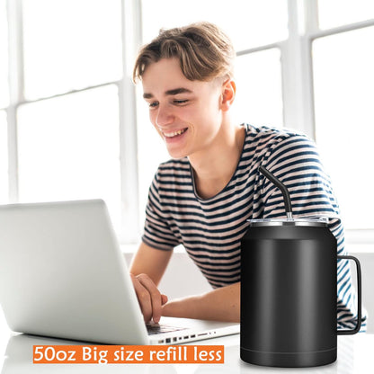 50 Oz Mug Tumbler – Stainless Steel Vacuum Insulated Mug with Handle,Lid and Straw,Keeps Drinks Cold up to 36 Hours – Sweat-Proof Body, Dishwasher Safe