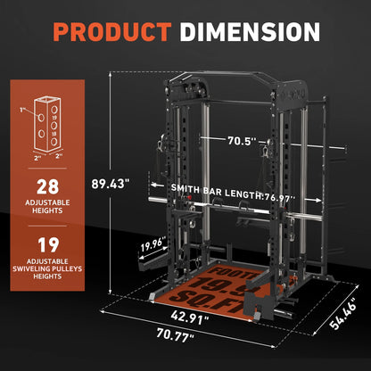Smith Machine, All-In-One Power Rack Cage with Vertical Leg Press, 2000LBS Power Cage Squat Rack with Smith Bar, Dual Pulley Cable Crossover System for Home Gym