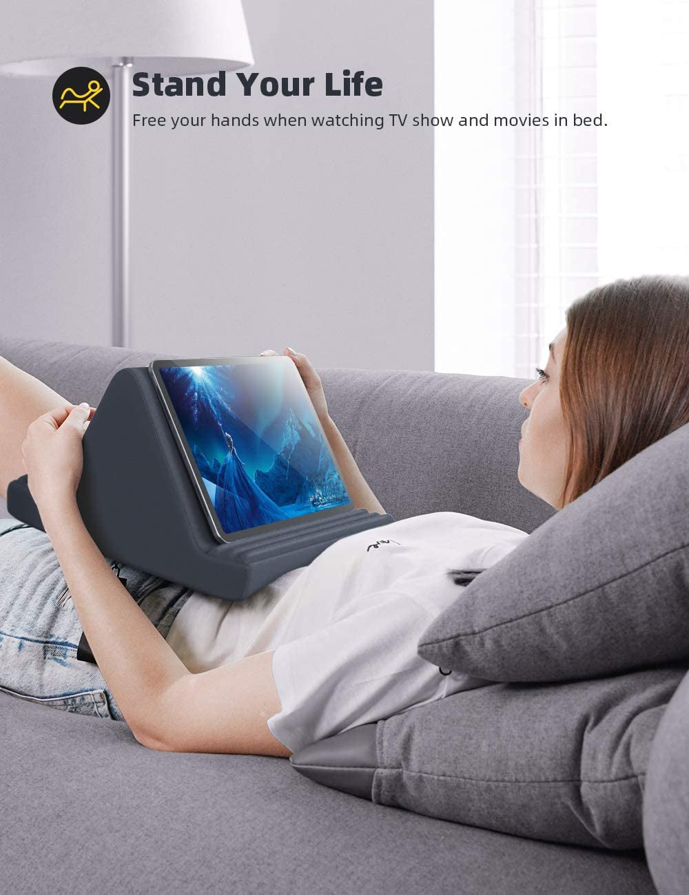 Tablet Pillow Stand, Pillow Soft Pad for Lap - Tablet Holder Dock for Bed with 6 Viewing Angles, for 4-13" Tablets, like Ipad Pro 11, 13, Air, Mini, Kindle, Galaxy Tab, E-Reader, Dark Gray