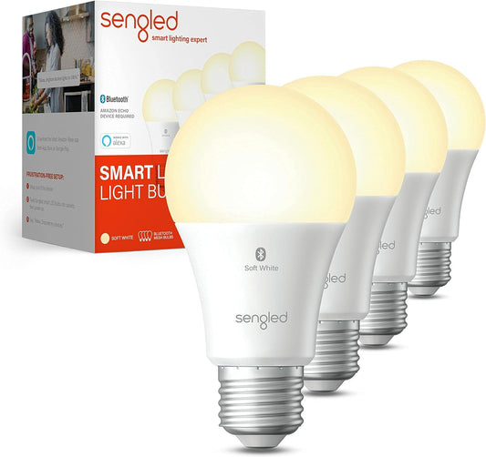 Alexa Light Bulb, Bluetooth Mesh Smart Light Bulbs, Smart Bulbs That Work with Alexa Only, Dimmable LED Bulb E26 A19, 60W Equivalent Soft White 800LM, Certified for Humans Device, 4 Pack