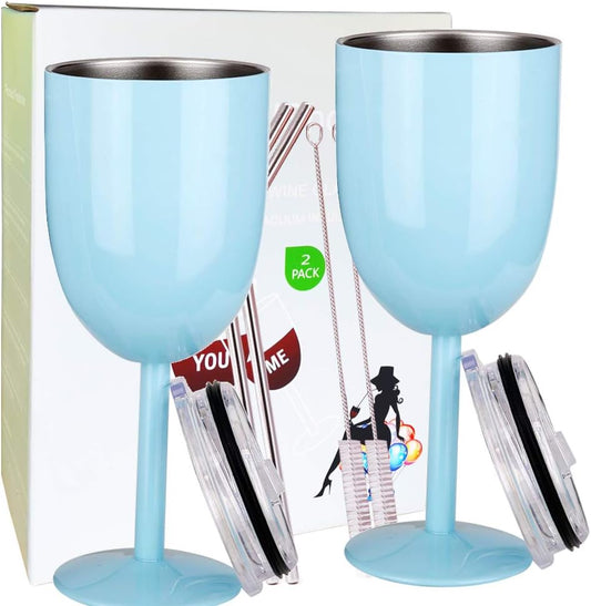 Stainless Steel Wine Glasses(2 Pack).Double Walled Vacuum Insulated Wine Tumbler Cups with Lid and Straw.Friendship,Christmas,Birthday Gifts for Women Men Friends Dad Mom(10Oz Light Blue)