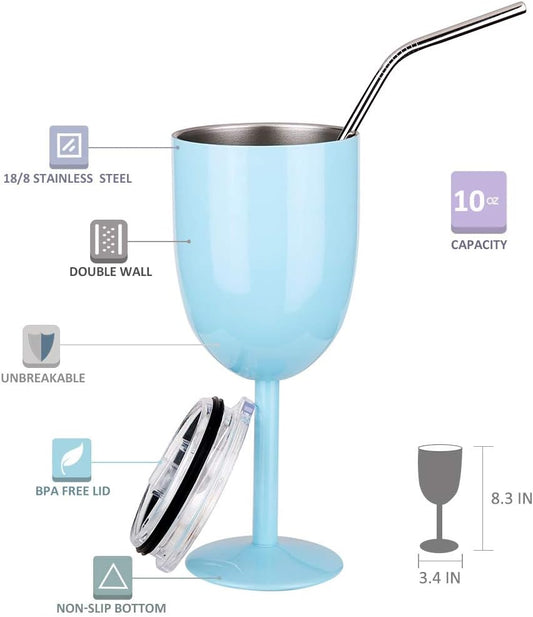 Stainless Steel Wine Glasses(2 Pack).Double Walled Vacuum Insulated Wine Tumbler Cups with Lid and Straw.Friendship,Christmas,Birthday Gifts for Women Men Friends Dad Mom(10Oz Light Blue)