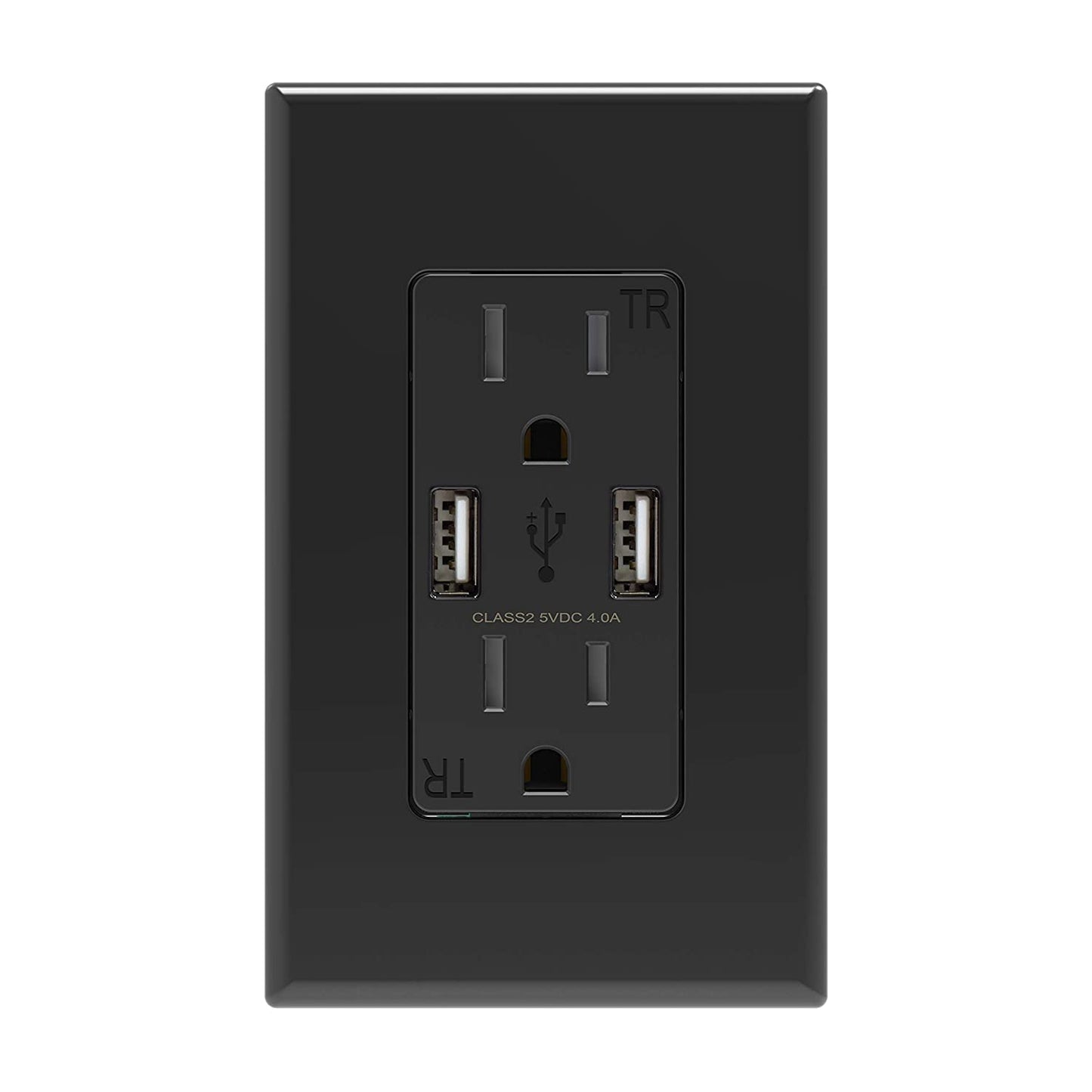 USB Wall Outlet Receptacle with Dual 4.0 a USB Ports, 15 Amp Duplex Tamper Resistant Receptacle, Charging Power Outlet with USB Ports, Wall Plate Included, UL Listed (1 Pack, Glossy Black)