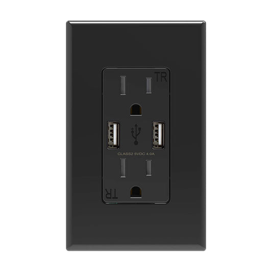 USB Wall Outlet Receptacle with Dual 4.0 a USB Ports, 15 Amp Duplex Tamper Resistant Receptacle, Charging Power Outlet with USB Ports, Wall Plate Included, UL Listed (1 Pack, Glossy Black)