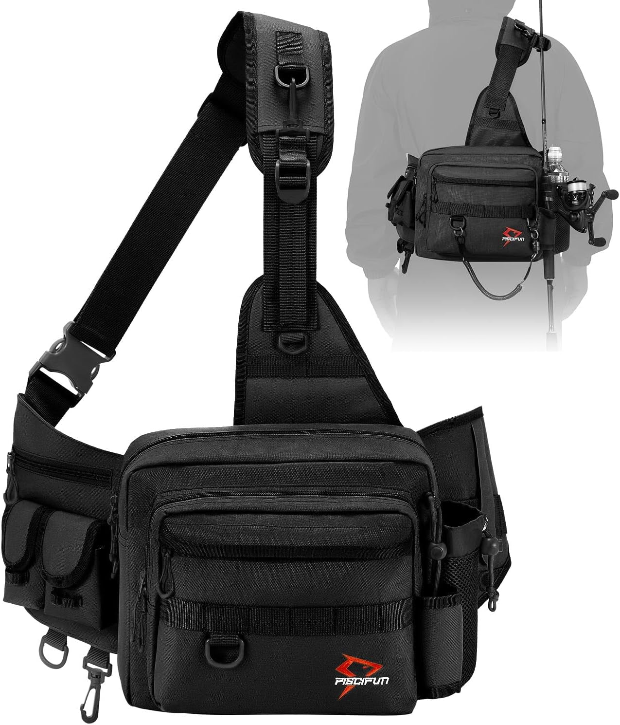 Fishing Tackle Bag with Rod & Gear Holder, Lightweight Sling Tackle Storage Bag, Water-Resistant Cross Body Sling Bag with D-Rings and Waist Strap, Available in Black, Khaki, Camo