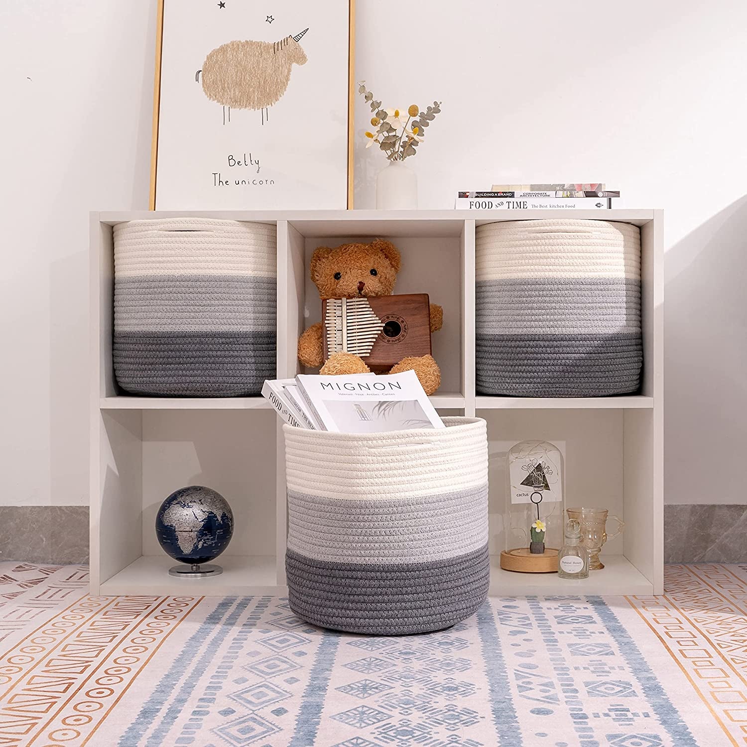 Woven Cotton Rope round 11X11X11'' Storage Cubes Baskets Bins Organizer, 3-Tone Gray, 3-Pack