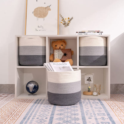 Woven Cotton Rope round 11X11X11'' Storage Cubes Baskets Bins Organizer, 3-Tone Gray, 3-Pack