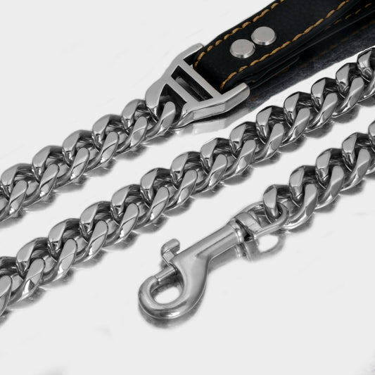 370G Stainless Steel Dog Leash Dog Chain 19Mm Cuban Chain Pets Genuine Leather